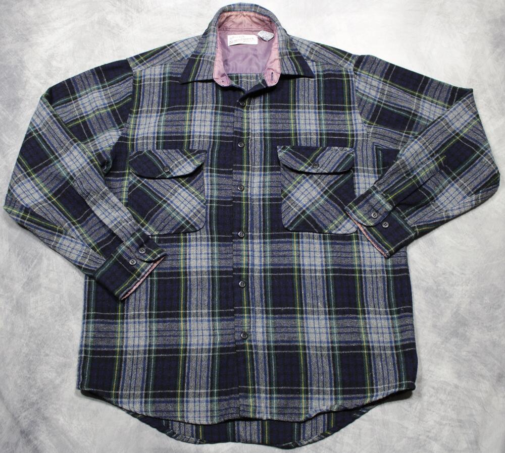 Vintage Sears Roebuck Shirt Mens M Blue Plaid Wool Flannel Lined Long Sleeve